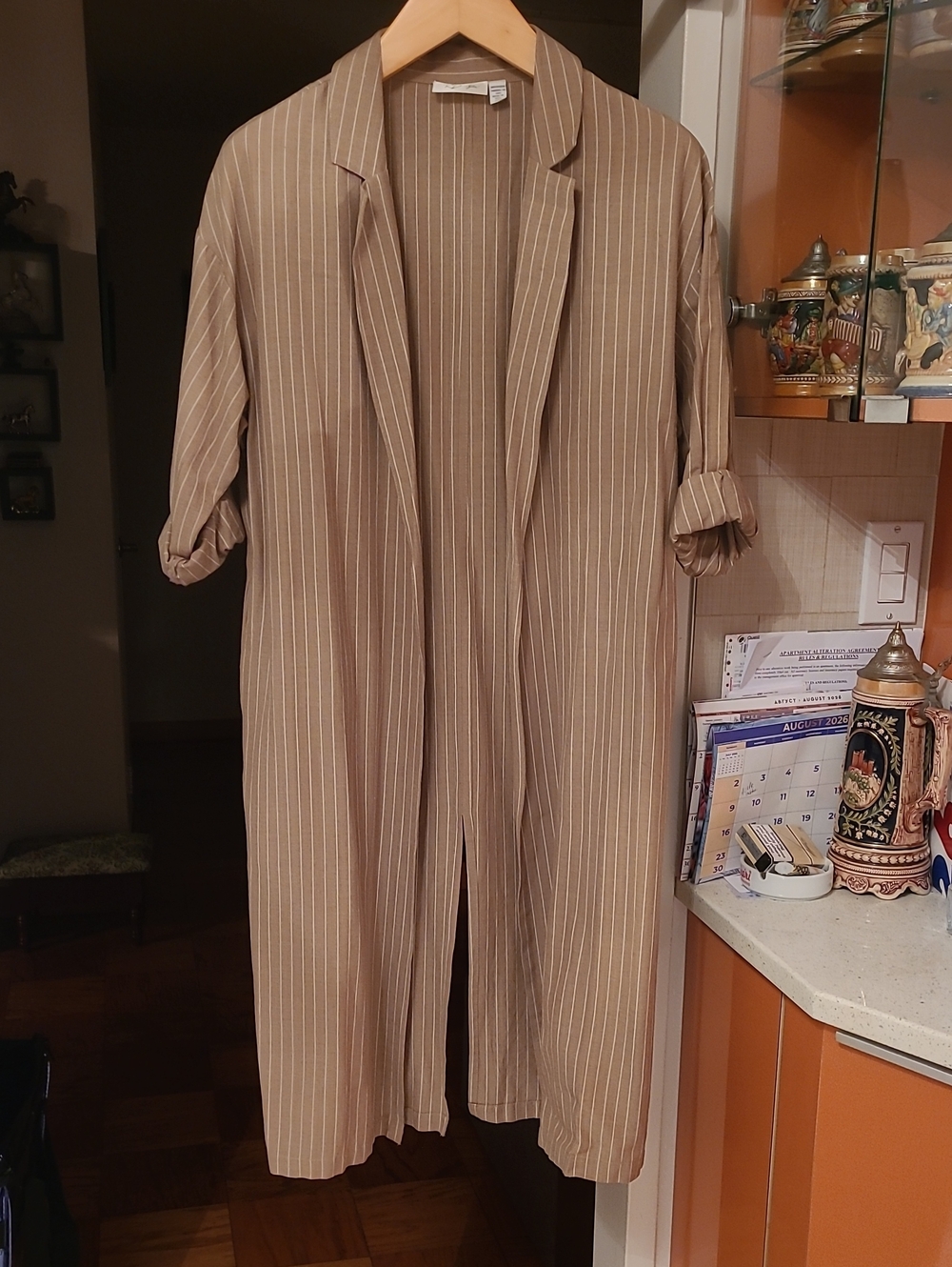 NEW,RD Style Tan Pinstripe Long Blazer Coatigan